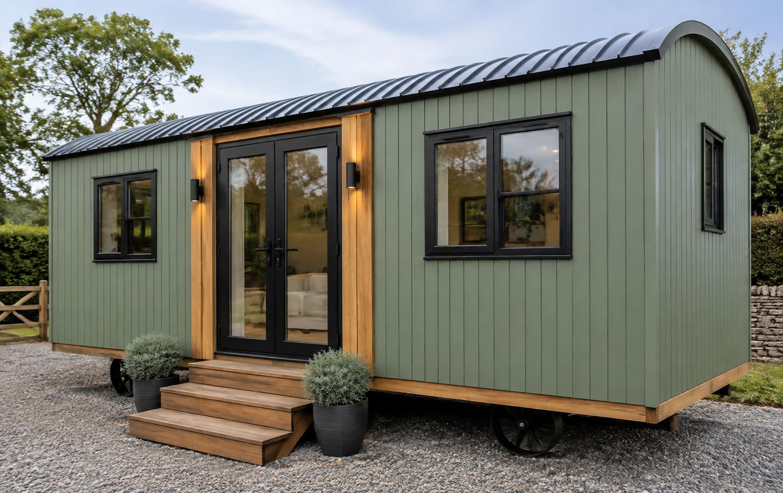 Contemporary shepherd hut exterior for garden and glamping projects